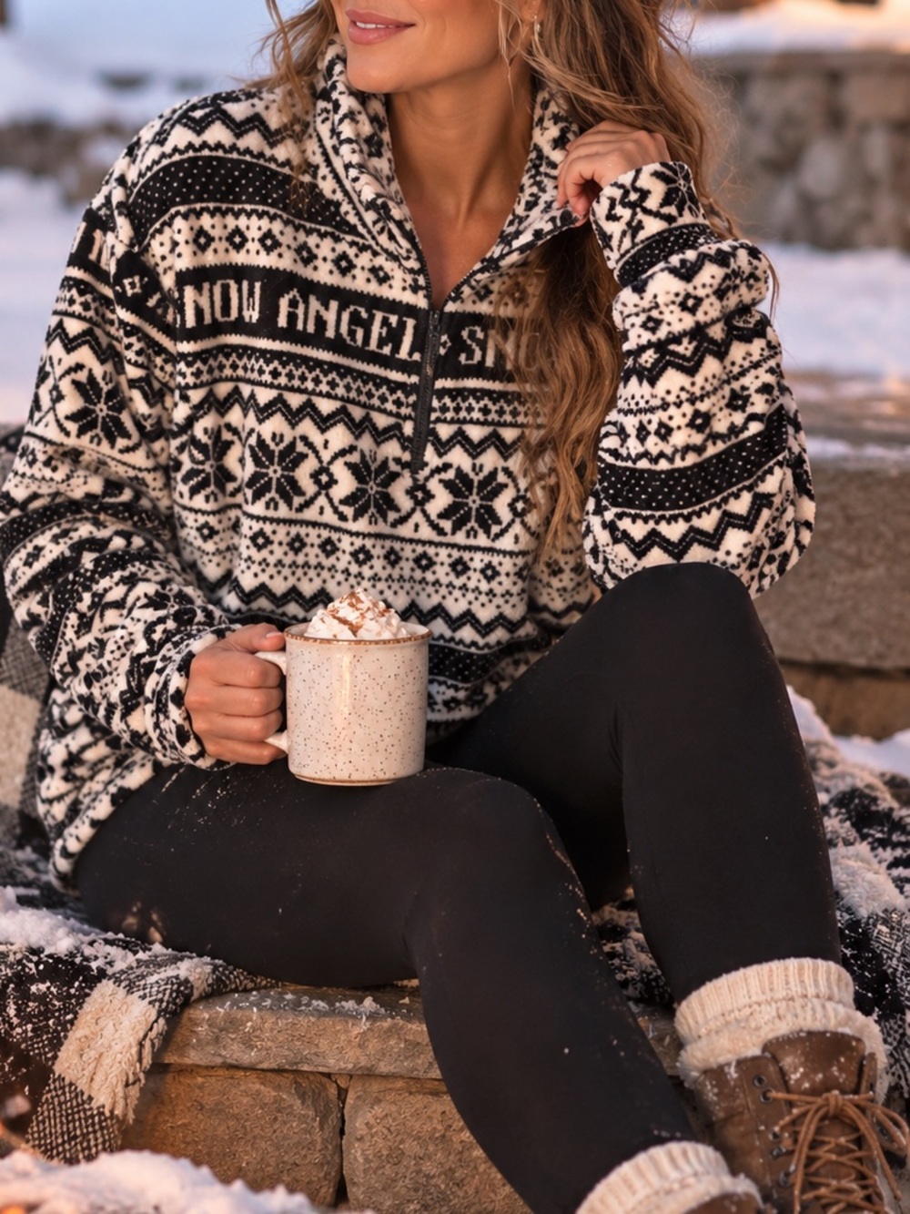 No Boundaries Black & White Snowflake Half-Zip Pullover